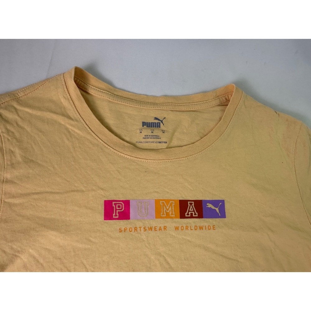 Puma Sportswear Worldwide T-Shirt Yellow Block Logo 100% Cotton Preppy Women's M